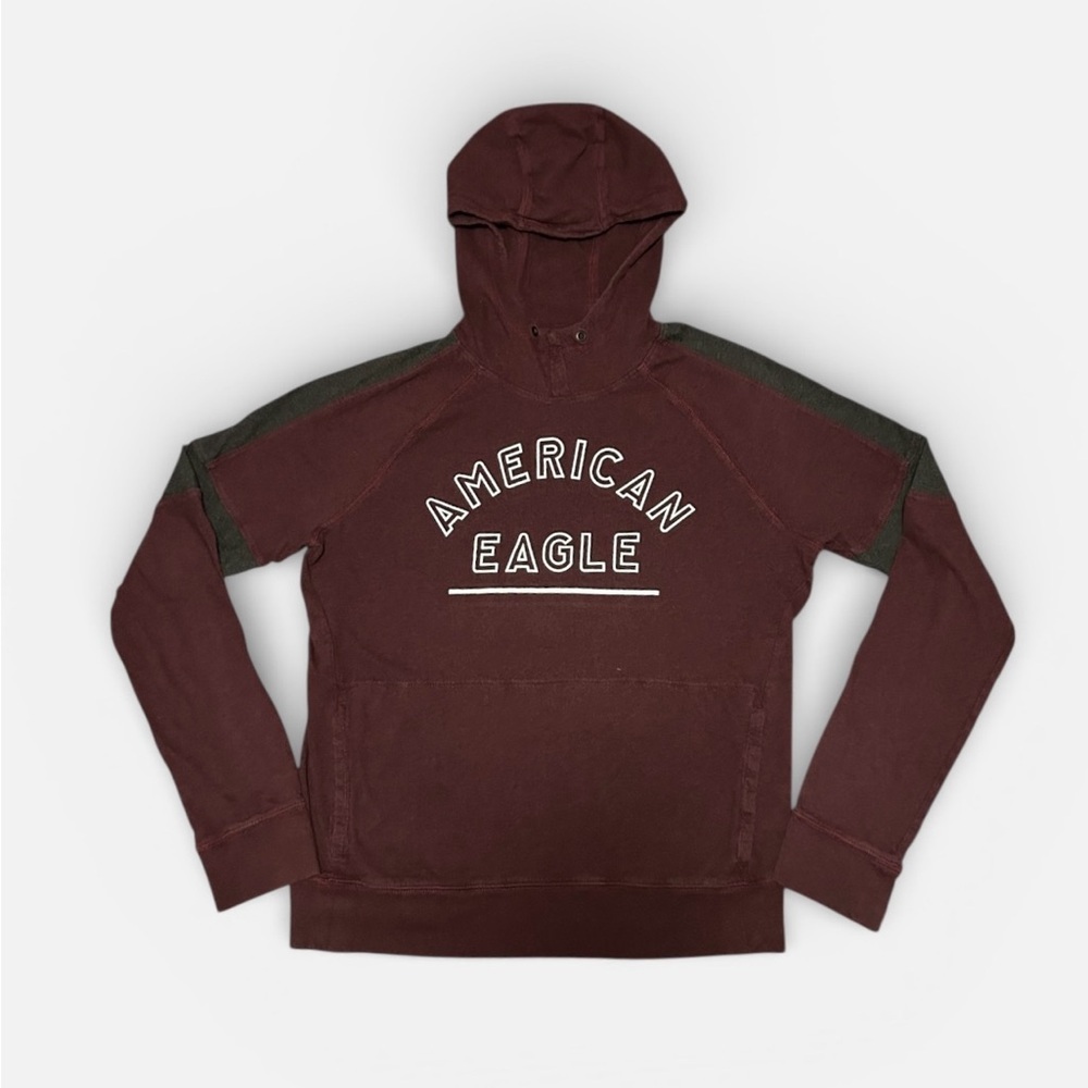 American Eagle Spell Out Raglan Hoodie Burgundy Grey Men’s M